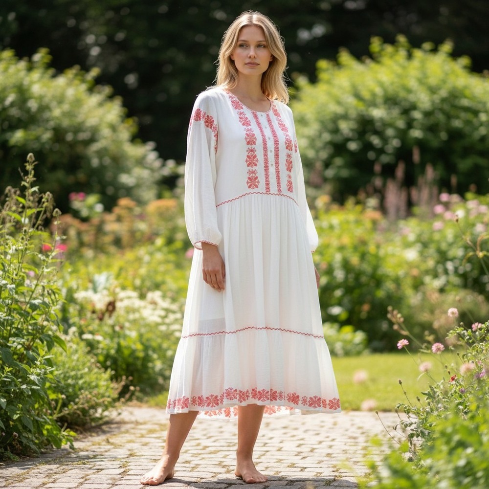 Sundance White Orange Embroidered Boho Tiered Midi Dress Womens Medium Rayon